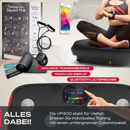 Sportstech VP400: 4D Vibrationsplatte mit Smart‑LED und Trainingsbändern