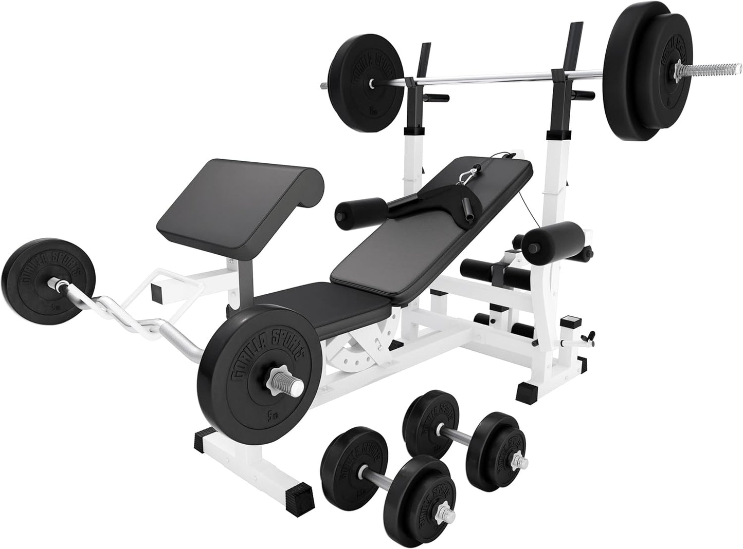 Gorilla Sports Hantelbank mit Gewichten, 170 cm Stange und Hantelset