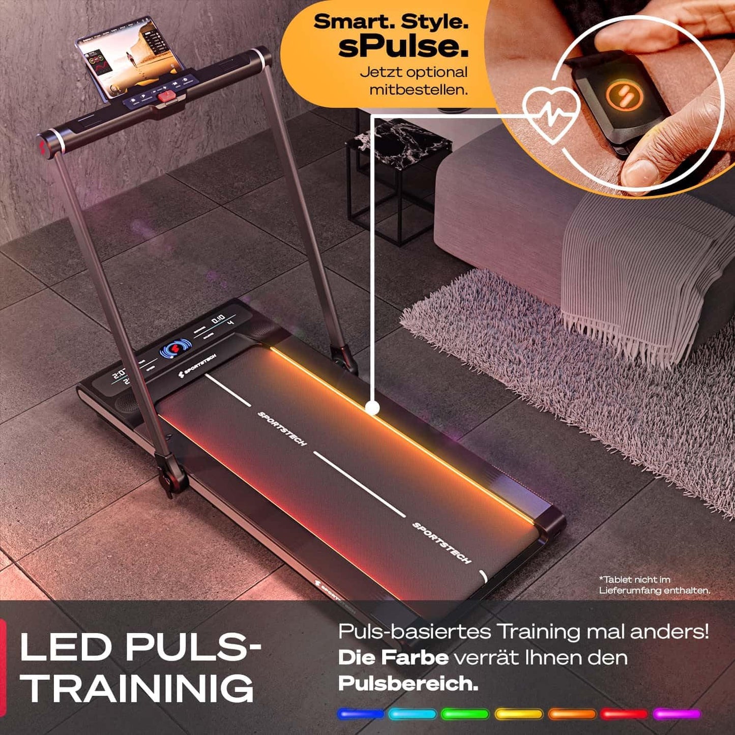 Sportstech Klappbares LED‑Laufband: Walking Pad mit Bluetooth‑App