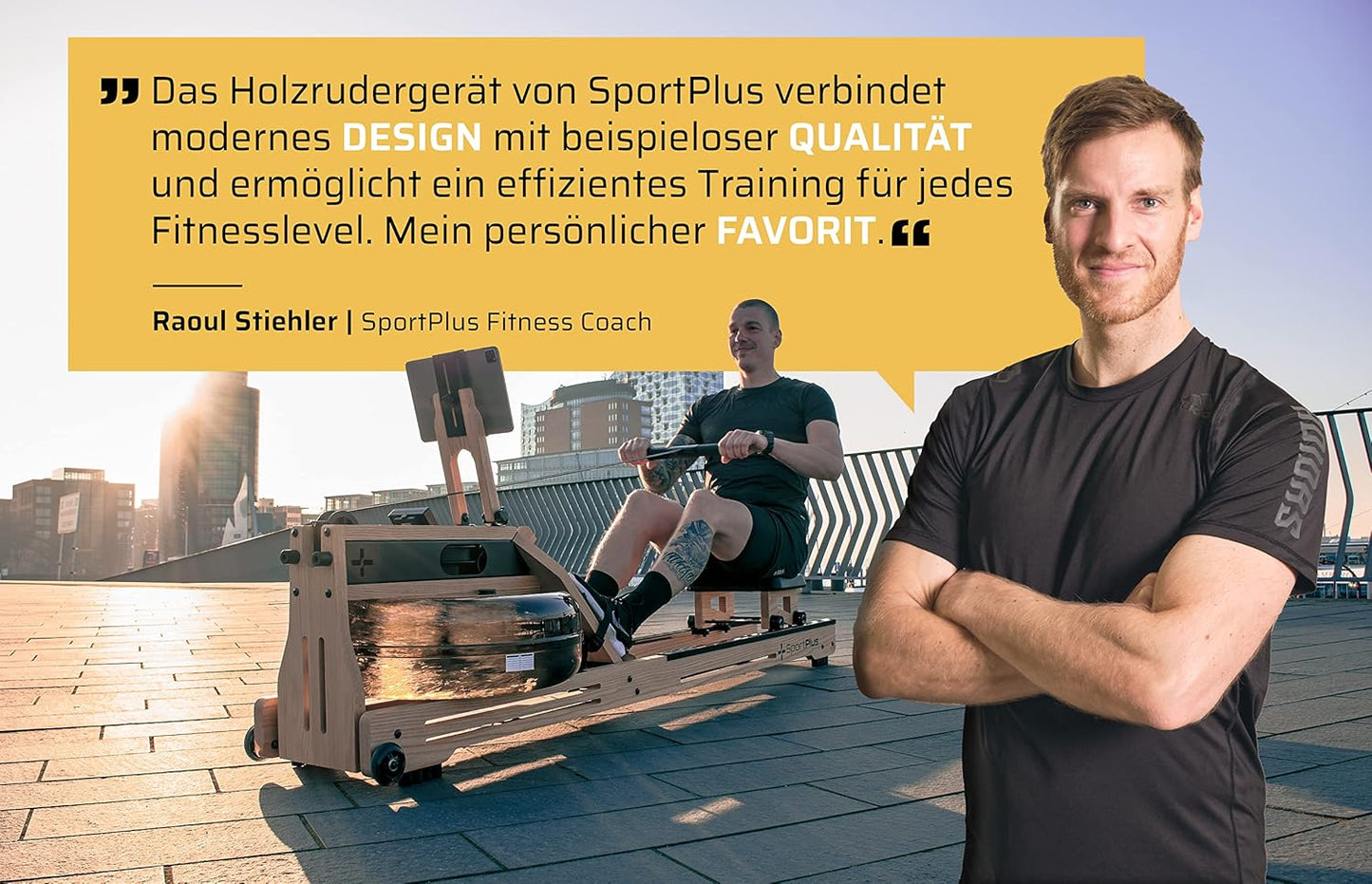 SportPlus Water Rowing Machine Solid Oak Wood Rower App-Compatible
